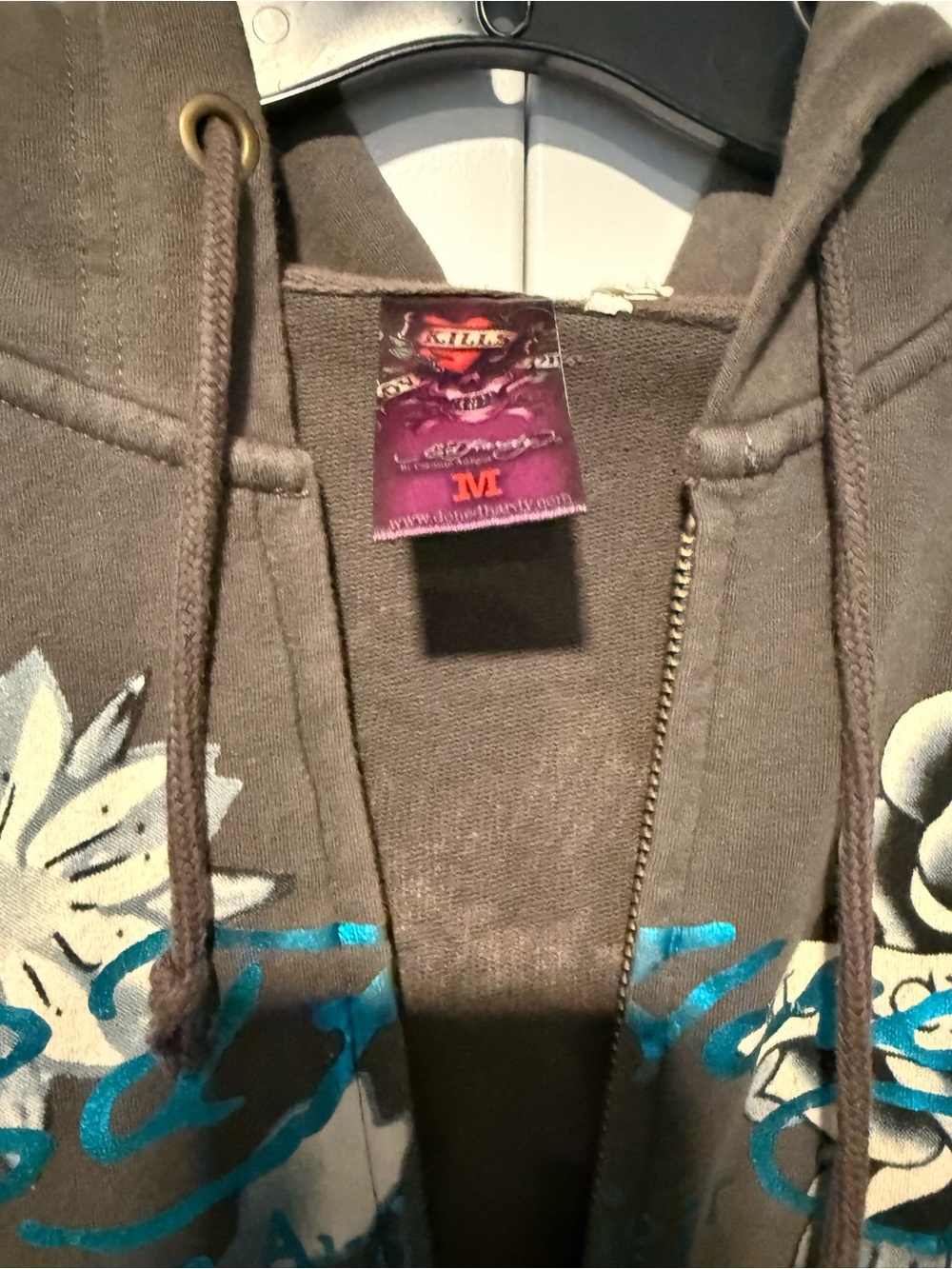 Ed Hardy Vintage Gray Zip Hoodie with Turquoise Floral Print - Picture 2 of 9